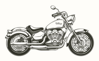 Obraz premium Wektorowa ilustracja pociągany ręcznie rocznika motocykl. Klasyczny chopper w stylu tuszu. Drukuj, grawerowanie, szablon, element projektu