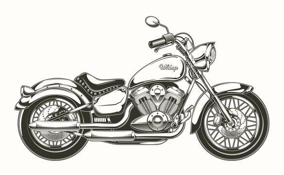 Vector illustration of hand-drawn vintage motorcycle. Classic chopper in ink style. Print, engraving, template, design element