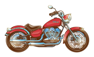 Vector illustration of hand-drawn vintage motorcycle. Classic red chopper. Print for T-shirts, template, design element