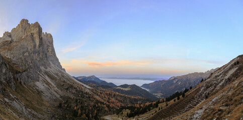 Panoramic view of Forcella De Furcia at sunrise. Funes Valley South Tyrol Dolomites Italy Europe
