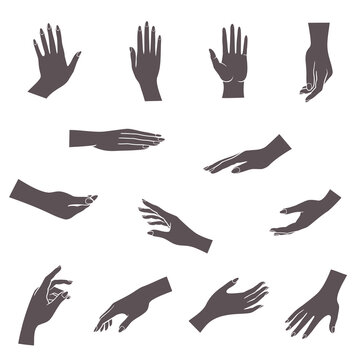 hands icon. Set of hands in different gestures emotions and signs on white background isolated vector illustration