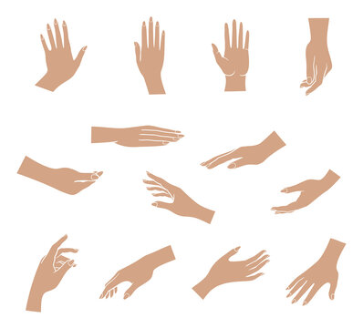 hands set. Set of hands in different gestures emotions and signs on white background isolated vector illustration