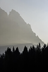 The haze of dawn around the Three Peaks of Lavaredo Trentino Alto Adige Sesto Dolomites Italy Europe