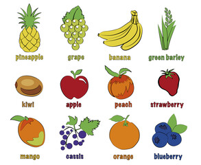 Set of colorful cartoon fruit icons: orange, strawberry, apple, banana, pineapple, mango, peach, kiwi, grape, cassis, blueberry, green barley. Vector illustration, isolated on white.