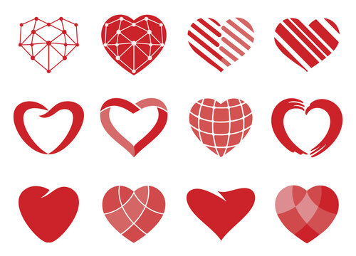 heart. Set of red vector hearts icons. Love symbol. Valentine's Day sign, wedding emblem isolated on white background. Flat style for graphic and web design, logo. 