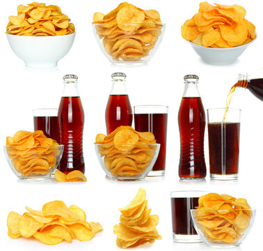 Set of potato chips and cola beverage