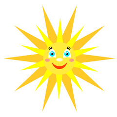 Smiling sun with rays of different shapes. Icon on a white background. Vector image in a cartoon style