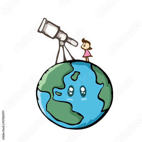 girl looking the sky with telescope on the earth cute cartoon