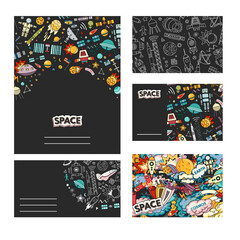 Cards vector template illustration of space. Moon, planet, rocket, earth, cosmonaut, comet, universe. Classification milky way Cards of Cosmos