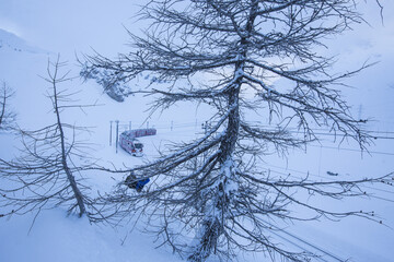 Bernina Express train at Bernina Pass Canton of Grisons Switzerland Europe