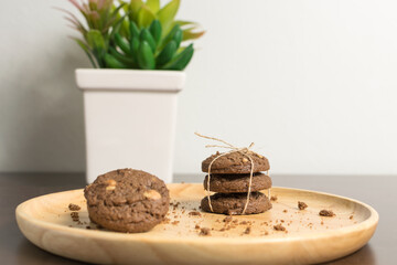 chocolate chip cookies on wood background