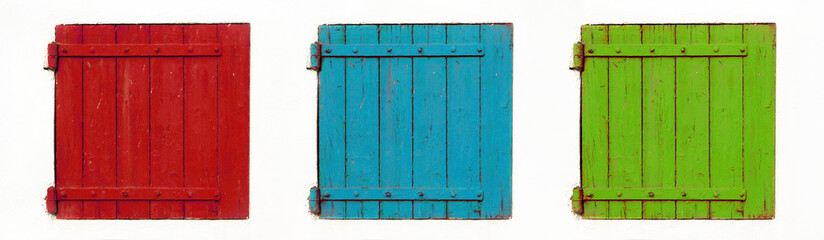 Web banner of red, blue and green wooden windows