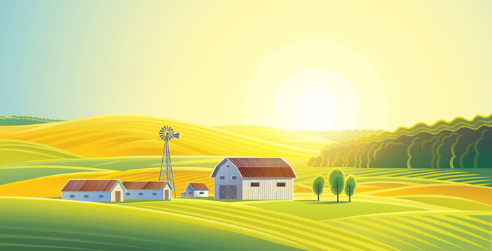 Rural landscape with fields and hills and with a farm. Raster illustration.