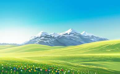 Mountain landscape with alpine meadows, raster illustration.