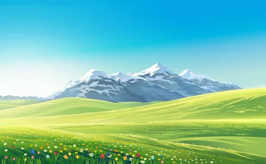 Zelfklevend Fotobehang Mountain landscape with alpine meadows, raster illustration. © Rustic
