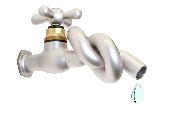 Save water concept, water tap tied knot. 3D rendering