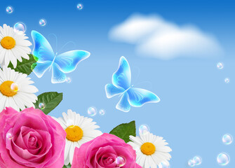 Fototapeta na wymiar Roses with daisy and butterflies