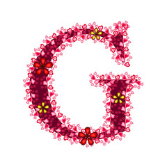 Alphabet of hearts. Red letter with hearts and flowers for your design. Flat color style. Vector illustration