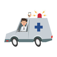 man holding cellphone while driving ambulance icon image vector illustration design 