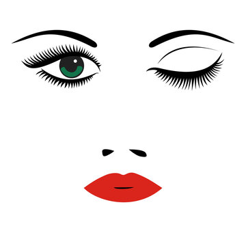 Beautiful women's portrait. Long lashes, red lips, eyes, nose. Vector illustration.