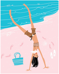 Teen girl doing handstand on the beach. Vector illustration