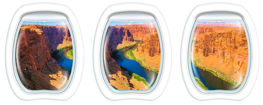 Fototapeta Three porthole frame windows on the Grand Canyon at Lake Powell. Lake Powell is a reservoir on the Colorado River, straddling the border between Utah and Arizona. USA, America.