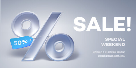 Design template with 3d percentage symbol with tag on it and place for text