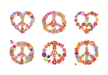 Hippie peace flowers symbols collection