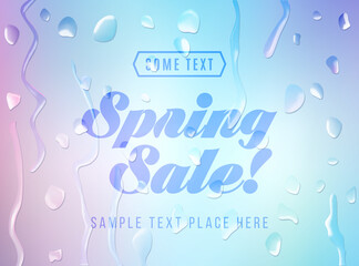 Advertisement about the spring sale on defocused background with water drops