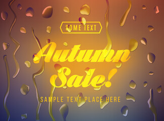 Advertisement about the autumn sale on defocused background with water drops.