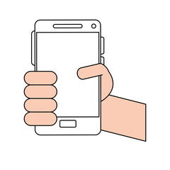Flat line hand holding smartphone over white background vector illustration
