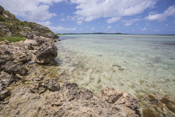 The turquoise shades of the Caribbean Sea seen from the cliffs of Green Island Antigua and Barbuda...