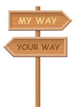 Go your own way. Signpost, that says MY WAY and YOUR WAY, as a symbol for going separate ways, different routes, opposite directions - isolated vector illustration on white background.