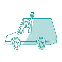 Flat line monocromatic man in a truck over white background vector illustration