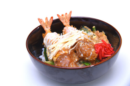 Ebi Fried don (Japanese deep fried prawn rice bowl) isolated on white background with clipping path