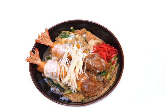 Ebi Katsudon (Japanese deep fried prawn rice bowl) isolated on white background with clipping path