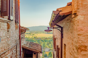 View of the city and small lanes of the town of Spello in Umbria Italy province of Perugia Italy