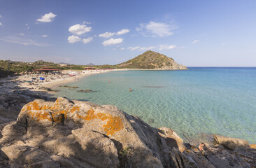 View of the turquoise sea and sandy beach surrounding the bay Cala Monte Turno Castiadas Cagliari Sardinia Italy Europe