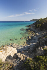 The mediterranean vegetation frames the turquoise sea of Cala Monte Turno Castiadas Cagliari Sardinia Italy Europe