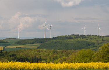 landschaft mit rapsfeld, wald und windrädern