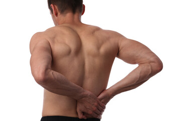 Muscular Man suffering from low back pain. Pain relief, chiropractic concept. Sport exercising injury