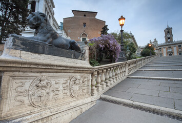 Flowers on the stone stairs that lead to Piazza del Campidoglio and Basilica Santa Maria Ara Coeli Rome Lazio Italy Europe