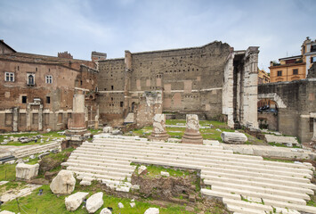The dusk lights on the Trajan Forum and ruins of the ancient Roman Empire Rome Lazio Italy Europe