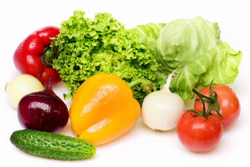 vegetables, lettuce leaf, tomatoes, peppers with cucumber and onion