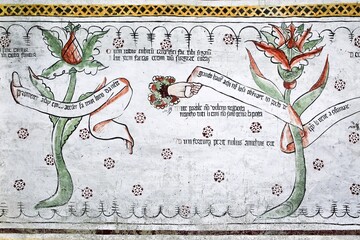 Frescoes in the museum of the Homo Selvadego in Sacco, Valgerola, Valtellina, Lombardy Italy Europe