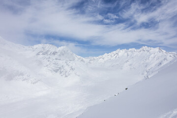 Aletsch Glacier seen from Betterhorn surrounded by snow Bettmeralp district of Raron canton of Valais.Switzerland Europe