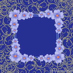 Blue background with border, flowers and ornaments. Vector illustration.