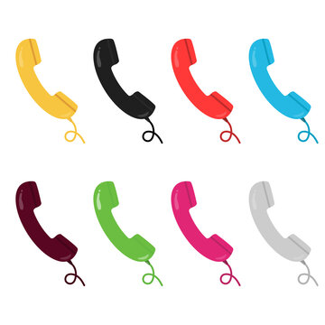 Colorful black, yellow, red and blue and many other colours retro style handsets with wire. Telephone, communication. Vector illustration