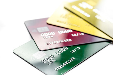 work place with business credit cards for payment on white desk background close up