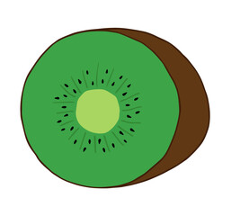 Cute kiwi fruit isolated vector illustration drawing. Green kiwi with brown skin and black seeds.